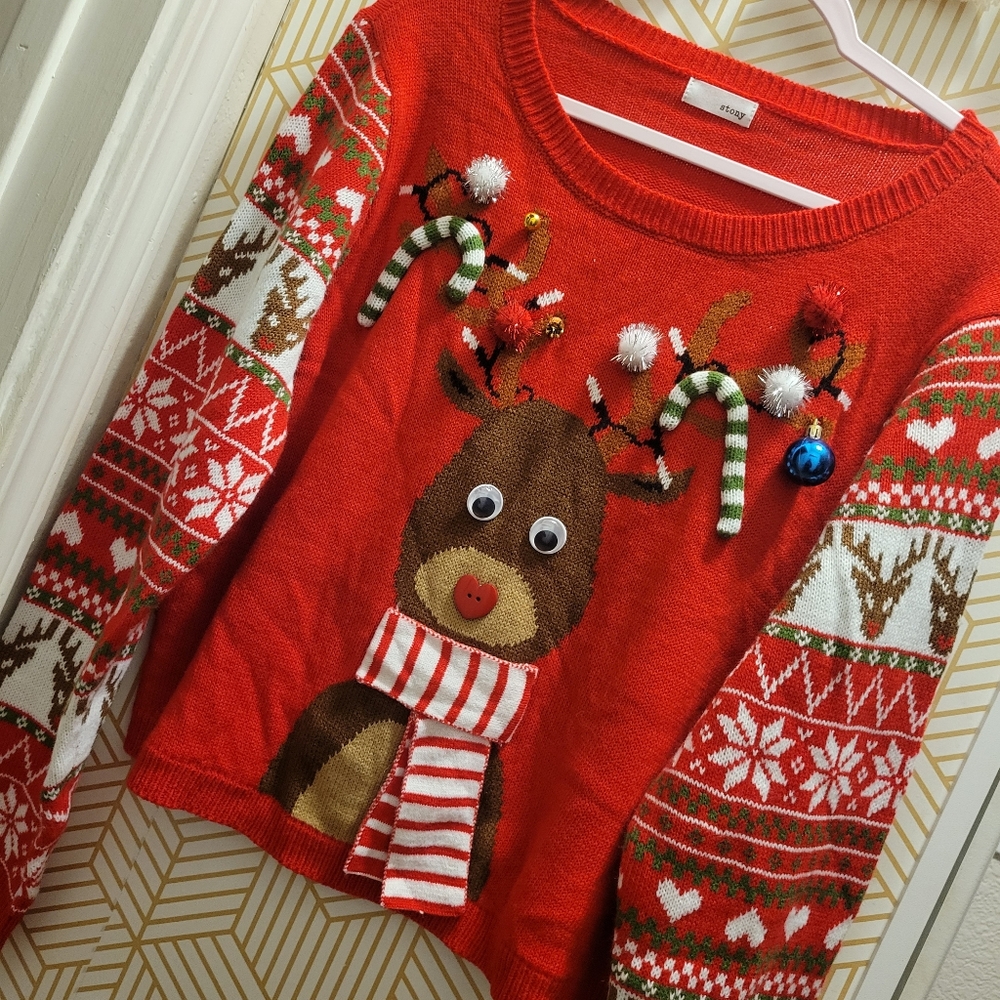 Ugly Christmas Reindeer Candycane 3D Fair Isle Crop Relaxed Sweater M